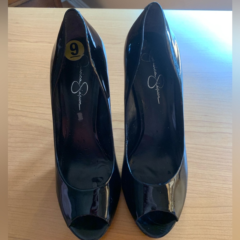Jessica Simpson Glossy Black Peep-Toe Heels